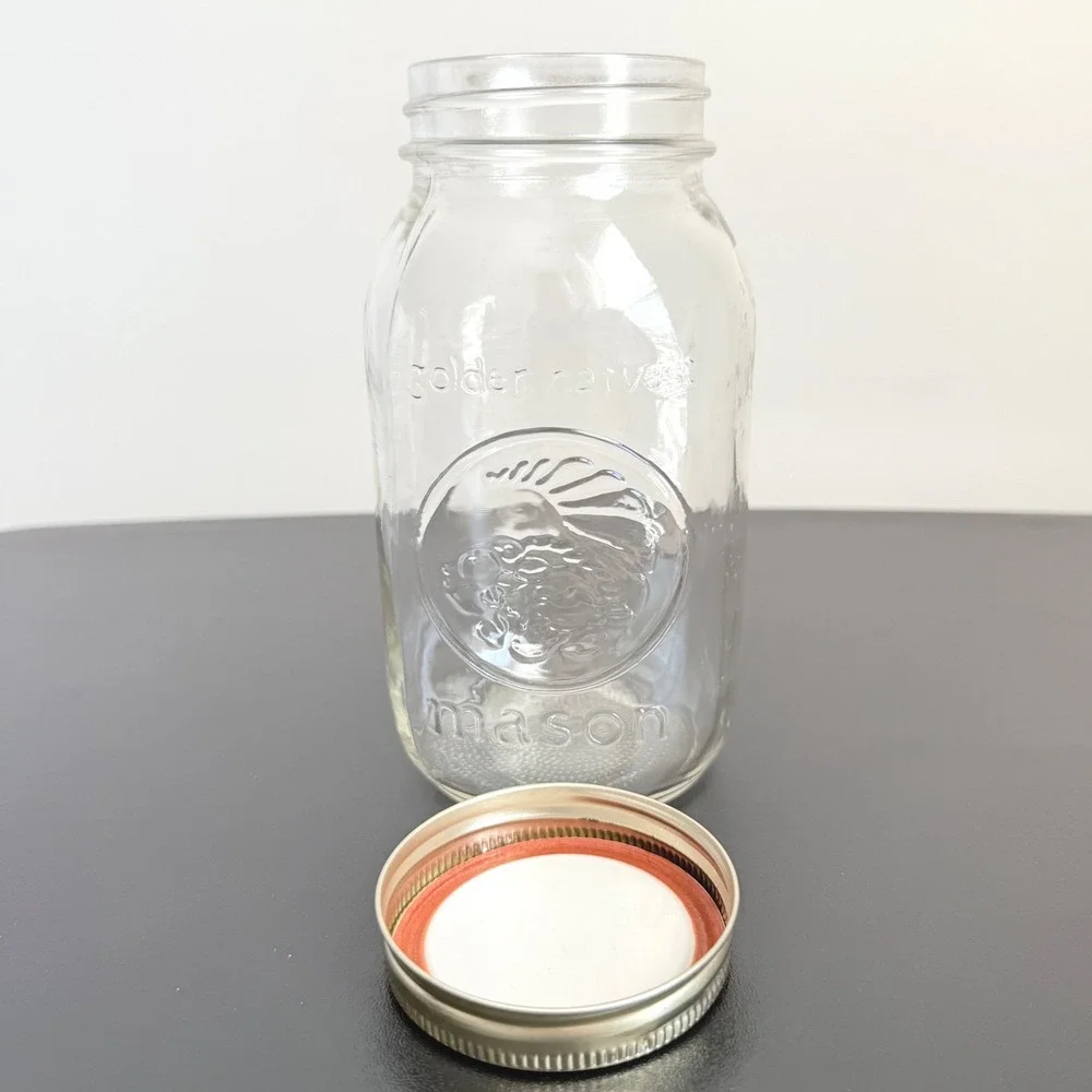 Vintage Golden Harvest Mason Jar Pint 16 Oz Regular Mouth w Lid & Band Clear